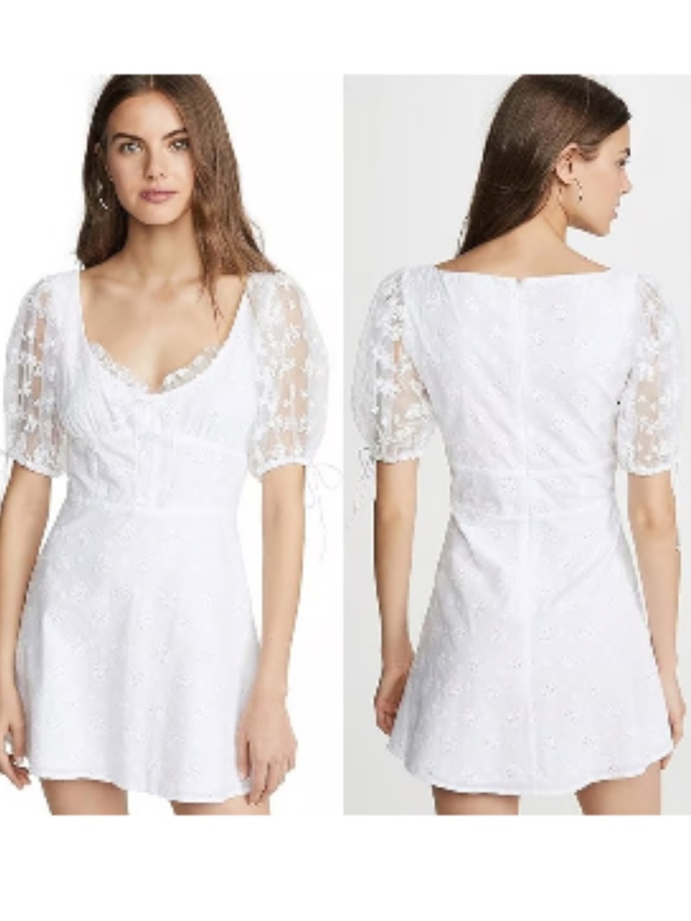 For Love And Lemons White Eyelet Lace Puff-Sleeve Mini Dress
